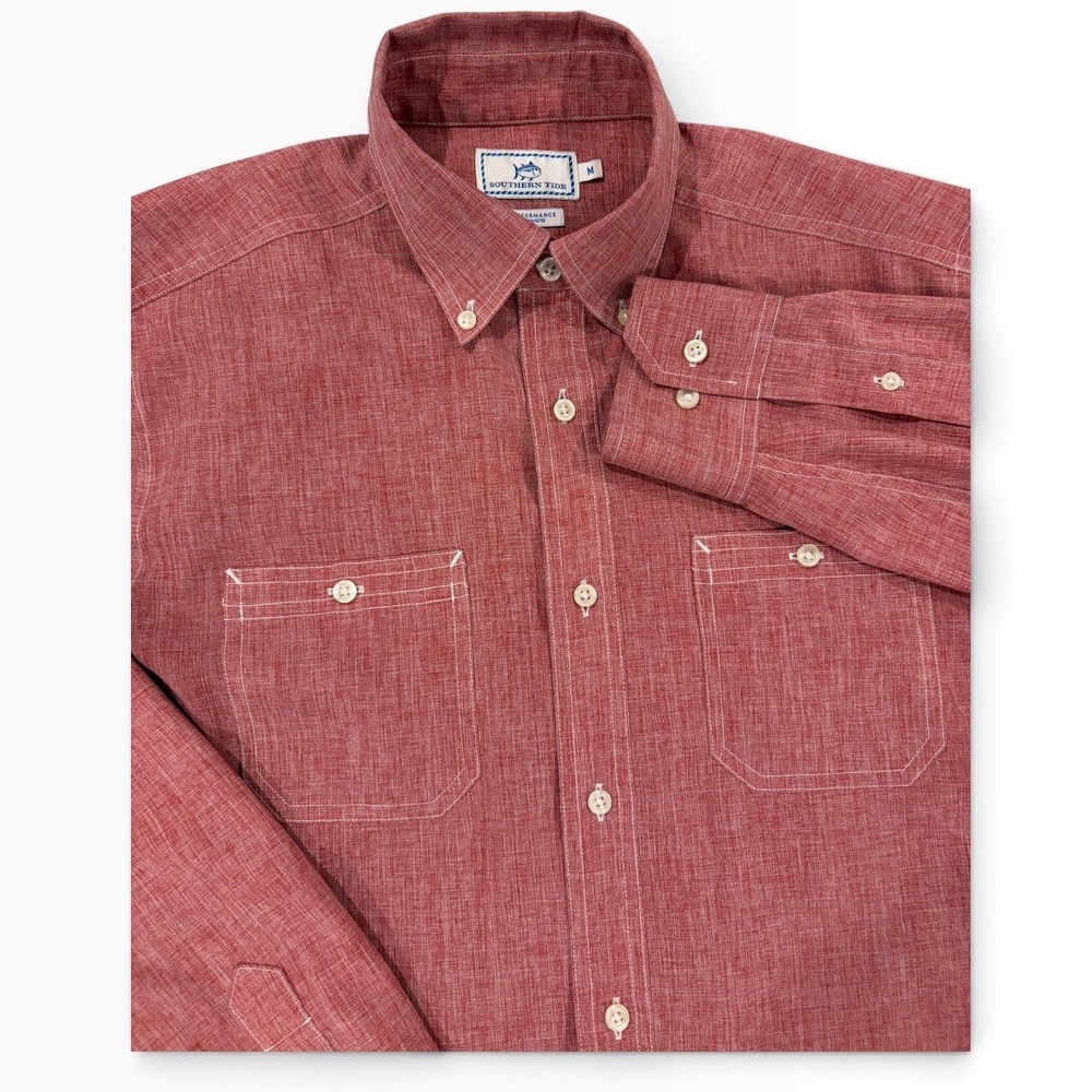 Southern Tide Mens Performance Button Down Shirt Red Heathered Long Sleeve M